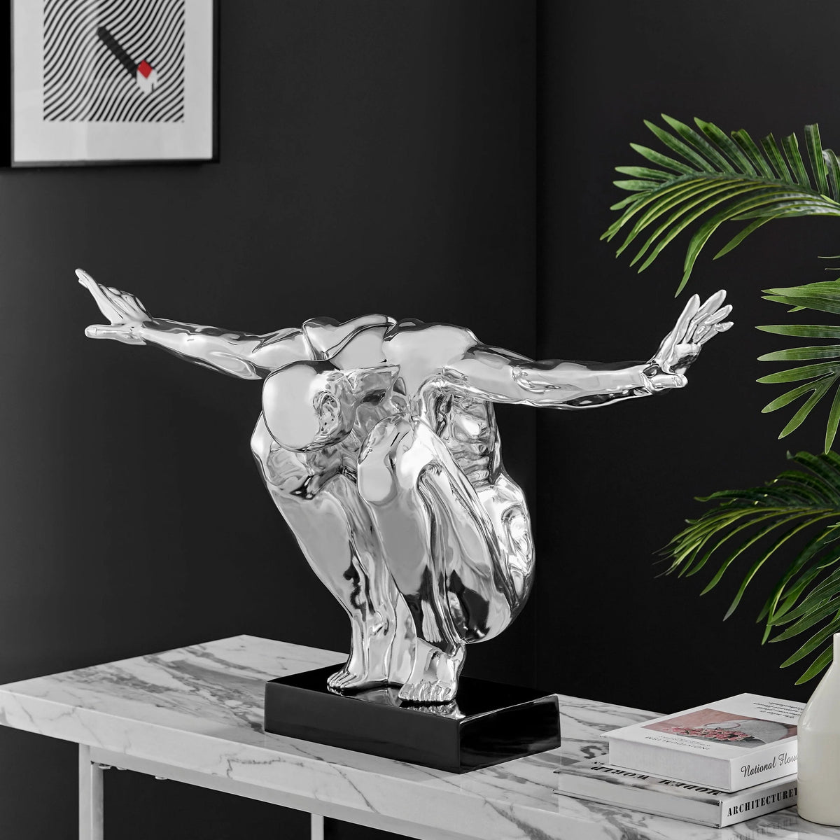 LARGE SALUTING MAN RESIN SCULPTURE 37" WIDE X 19" TALL // CHROME