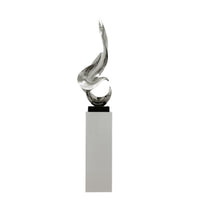 CHROME FLAME FLOOR SCULPTURE WITH WHITE STAND, 65" TALL
