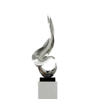 CHROME FLAME FLOOR SCULPTURE WITH WHITE STAND, 65" TALL