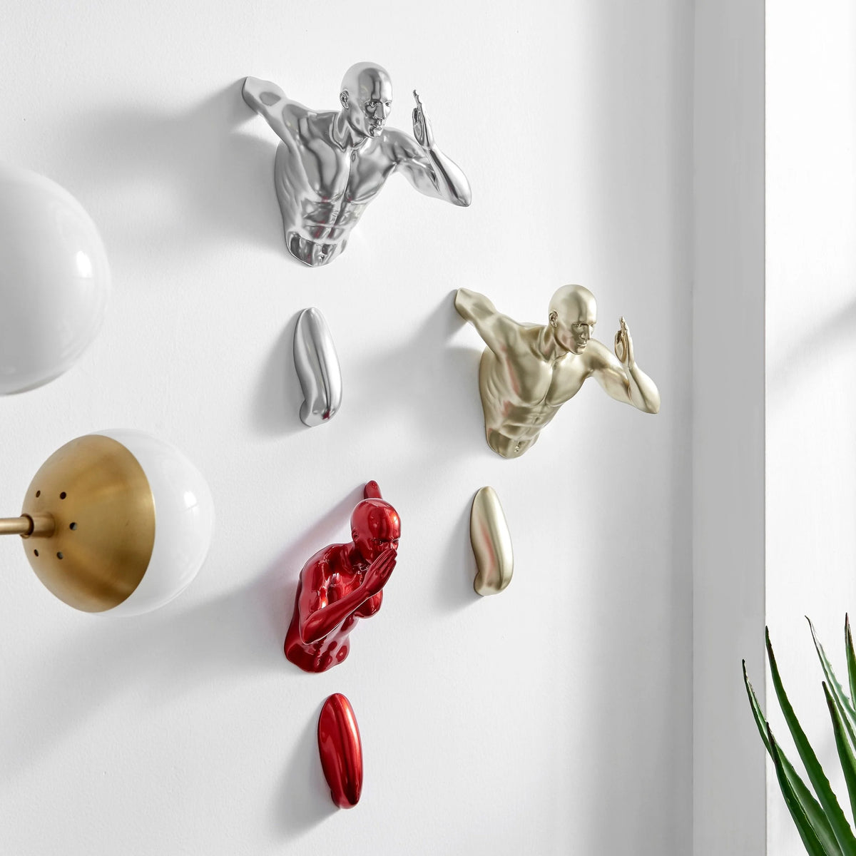 SET OF THREE WALL RUNNERS SCULPTURES // METALLIC RED, GOLD, CHROME
