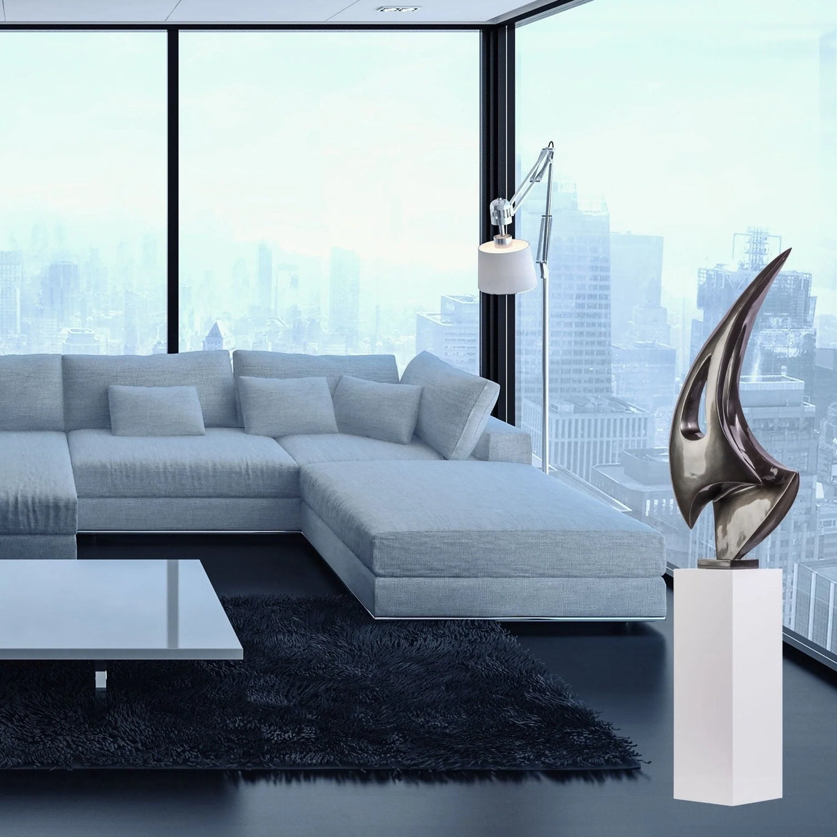 DARK GRAY SAIL FLOOR SCULPTURE WITH WHITE STAND, 70" TALL