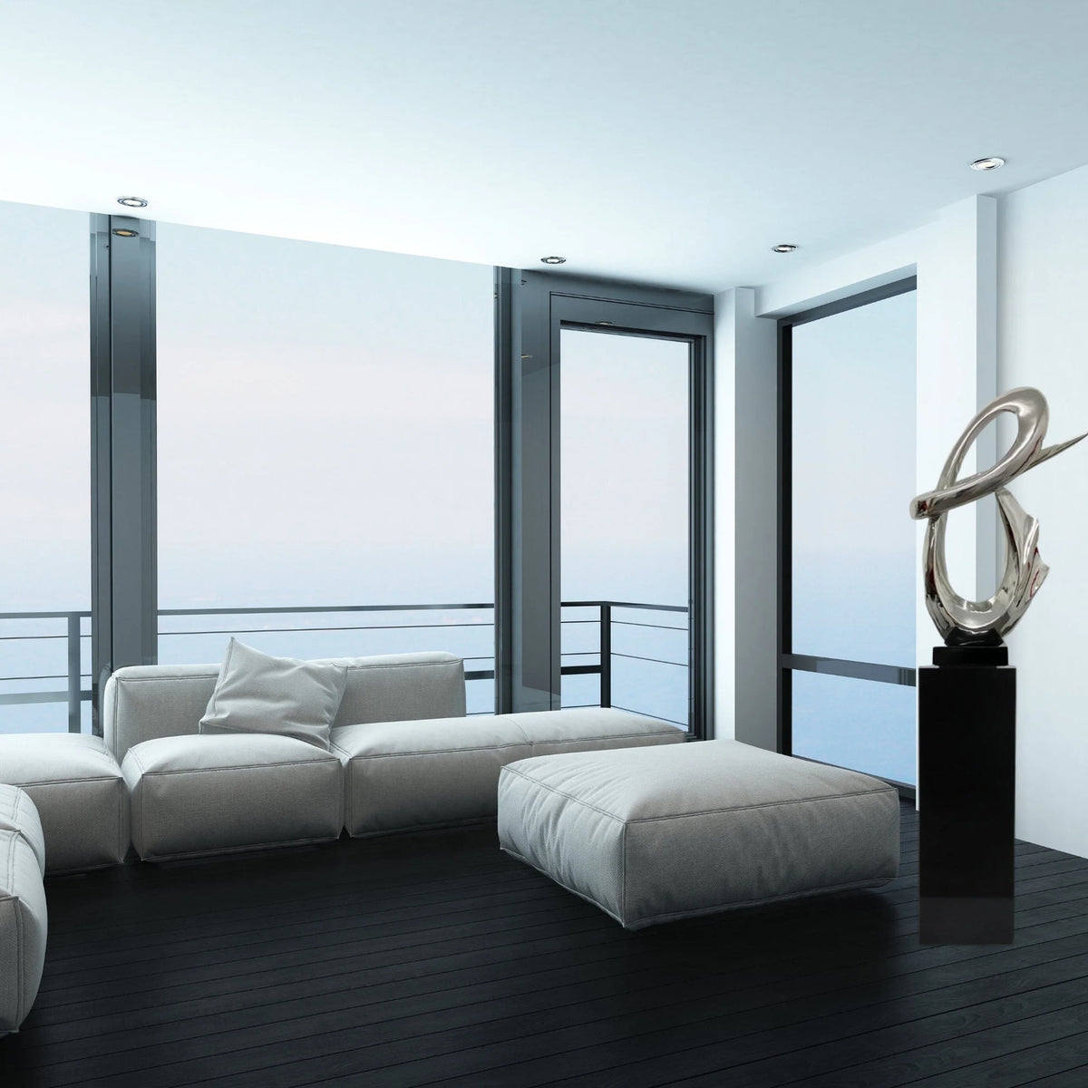 CHROME FLUID ABSTRACT FLOOR SCULPTURE WITH BLACK STAND, 59" TALL