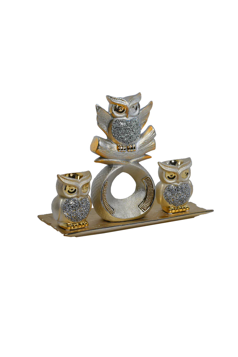 4pc Silver/Gold Diamond Owl Set