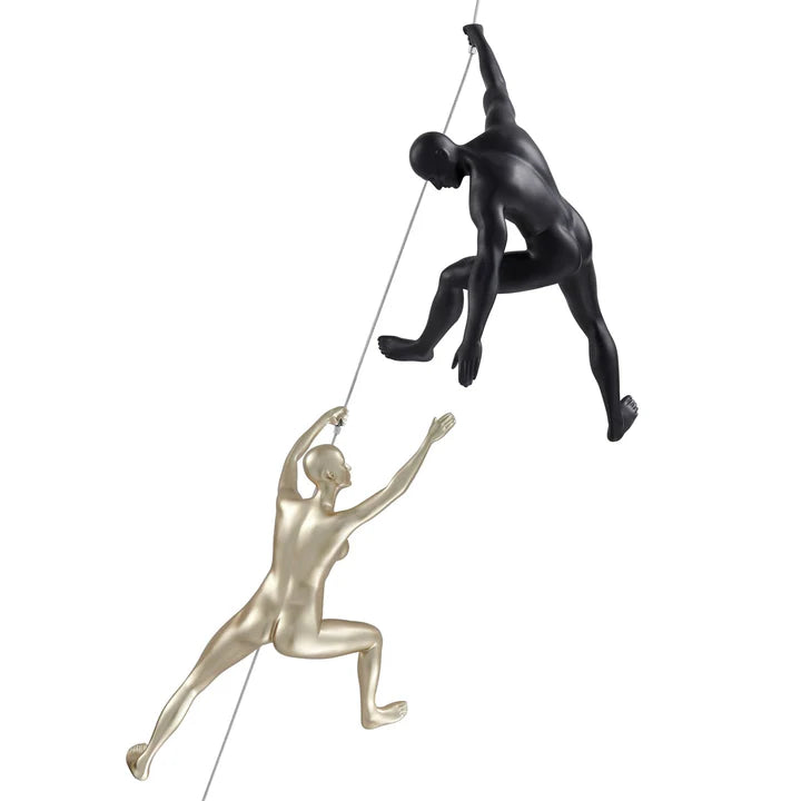 CLIMBING COUPLE SET OF TWO WALL SCULPTURES, MATTE WHITE & GOLD