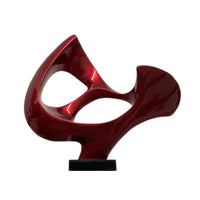 METALLIC RED ABSTRACT MASK FLOOR SCULPTURE WITH WHITE STAND, 54" TALL