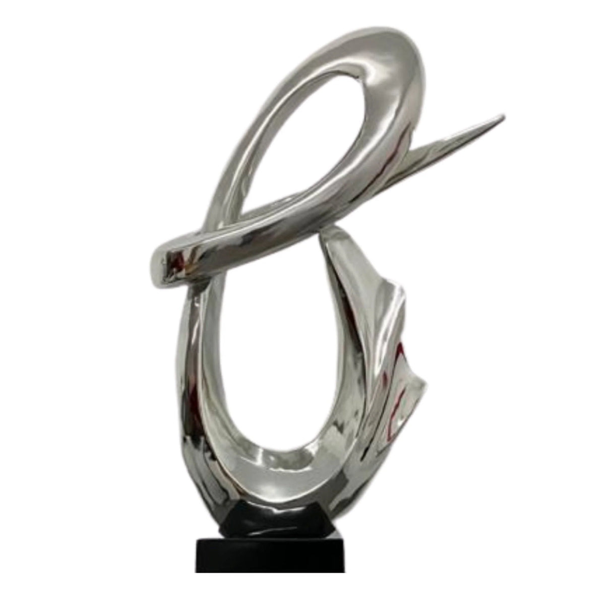 CHROME FLUID ABSTRACT FLOOR SCULPTURE WITH BLACK STAND, 59" TALL