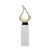 FLAME FLOOR SCULPTURE  WHITE OR BLACK WITH GRAY, BRONZE ,WOOD,BLACK OR WHITE BASE STAND, 65" TALL